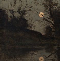 an image of a painting with trees and moon in the sky over water at night