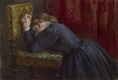 a painting of a woman leaning on a chair with her head in her hands and looking at herself