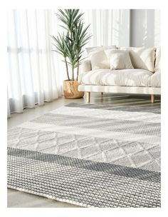 a living room area with a couch, rug and potted plant on the floor