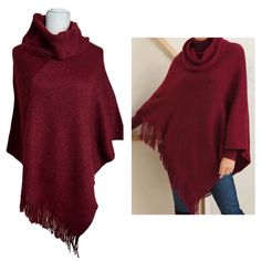 Beautiful Wine Color Cowl Neck Poncho By Chicos New With Tag One Size Snuggly And So Soft, This Cozy Cowlneck Poncho Warms Up Your Wardrobe In A Subtle Tone-On-Tone Stripe That's Accented With Metallic Threads For A Hint Of Shine. Topped By A Cowl Neckline And Finished In Fringe, It Layers On Chic Style With Your Favorite Casual Looks. Color: Wild Poppy Ribbed Knit, Cozy, Burgundy, Red, Comfortable Red Oversized Poncho For Winter, Oversized Red Poncho For Winter, One Size Winter Poncho In Solid Color, Winter Poncho In One Size, One Size Winter Poncho, White Poncho, Cowl Neck Poncho, Knit Poncho Sweater, Poncho Wrap