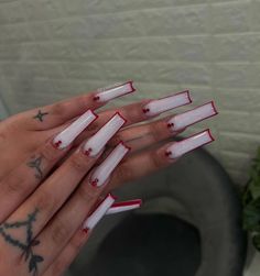 White Nails W Red Bottoms, Long Nails Inspiration White, White Nail With Red Design, Cute Long Acrylic Nails Ideas Red, White French Tip With Red Bottoms, Long Red Acrylics, White And Red Acrylics, White N Red Nails, White And Red Acrylic Nails Ideas