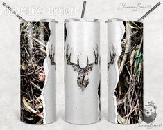 three stainless steel tumblers with deer heads on them and the words, james design