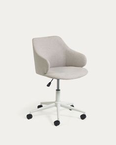 an office chair with wheels on the back and seat upholstered in white fabric