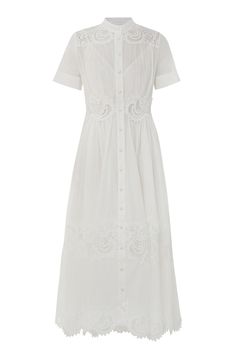 The Pop Lace Trimmed Midi Dress in Ivory from Zimmermann's Summer Swim 2024 Collection. A cotton midi dress featuring a stand collar, buttons down the centre front and a lace trim throughout. Cotton midi dress Short sleeves Front centre placket Scalloped hemline Placement trim throughout Comes with separate slip Fitted across the bust and waist This garment fits true to size ZIMMERMANN SIZE CHART0= 4 US1= 6 US2= 8 US3= 10 US4= 12 US PLEASE NOTE ALL SALE ITEMS ARE FINAL SALE Swim 2024, Ladylike Dress, Summer Swim, Cotton Midi Dress, Midi Short Sleeve Dress, Straight Leg Denim, Guilty Pleasures, Glam Fashion, Everyday Dresses