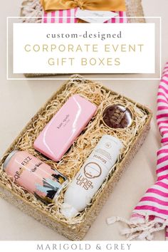 an open gift box with personal care items in it and the text, custom designed corporate event gift boxes