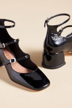 Vicenza Triple-Strap Mary Jane Heels Reformation Zenni, Black Mary Jane Heels, Black Dress Shoe, Leather Mary Jane Shoes, Shiny Shoes, Plastic Heels, Heels Outfits, Wrap Heels, Bow Heels