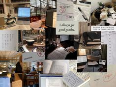 a collage of pictures with books and papers