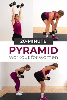 a woman doing dumbbells with the words 20 - minute pyramid workout for women