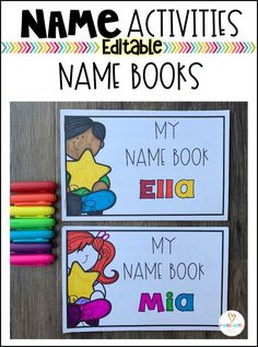 two bookmarks with the name books on them and some crayons next to them