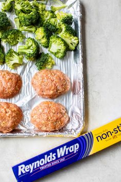 broccoli, meat patties and mayonnaise are on a baking sheet