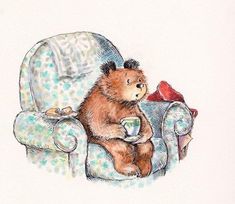 a drawing of a teddy bear sitting on a chair with a cup in his hand