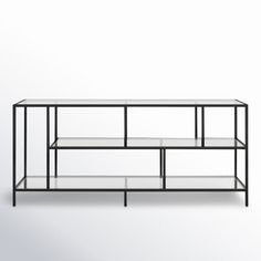 a black metal shelf with glass shelves on each side and one shelf below the shelf