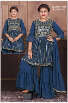 Beautiful Girls Sharara/Gharara set size. Beautiful kids Girls Sharara/Gharara sets. Size range : 24,26,30,32,34.  Prices vary by Size  Color: Blue   Comes with Dupatta. Please let us know any questions befor order and mention size during order. 11 Year Girl, Kids Ethnic Wear, Crochet Baby Beanie, Sharara Suit, Kids Designer Dresses, Half Saree, Gorgeous Dresses, To My Daughter, Designer Dresses