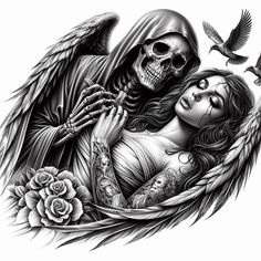 a drawing of a woman with a skeleton on her chest and roses in her hand