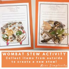 two cards with different items in them and the words, wombat stew activity collect items from outside to create a new stew