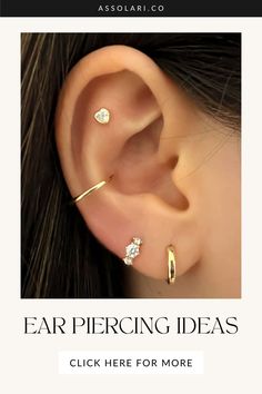 a woman wearing three different ear piercings on her left ear with the words, your style