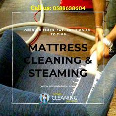 a poster with the words mattress cleaning and steaming in front of a person using a hose