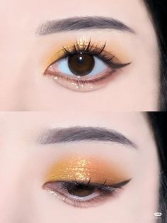 Douyin Yellow Eye Makeup, Cute Yellow Makeup Looks, Orange Yellow Brown Makeup, Yellow Simple Makeup, Korean Yellow Makeup, Brown And Yellow Eyeshadow, Makeup Yellow Eyeshadow, Eyeshadow Looks Yellow, Yellow Orange Eye Makeup