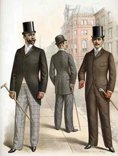 Look familiar? The late 19th century cultivated a trend for men that would last until well... today. The slightly baggier pants with a solid colored coat became all the rage of this time, and while we don't have their top hats and canes, the template of that look remains in today's business world. Oh yeah, and did I mention? Cravats are gone! 1890s Mens Fashion, 19th Century Mens Fashion, Victorian Mens Clothing, Morning Coat, Kittens Vintage, 1890s Fashion, Male Clothes