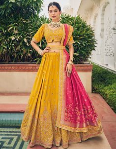 Traditional Party Wear Viscose Lehenga Choli Collection Yellow Viscose Lehenga Choli Front View Traditional Party Wear, Mehendi Outfit, Haldi Outfit, Yellow Lehenga, Lehenga Online, Lehenga Choli Online, Pink Lehenga, Party Wear Lehenga