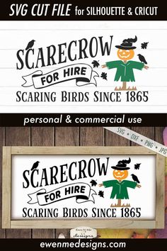 two wooden signs with the words scarecrow for hire on them, and an image of a