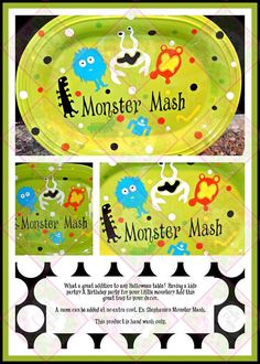 a green plate with monsters on it and the words monster mash written in black