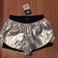 Champion Workout/Atletic Shorts With Biker Shorts Underneath, Nwt, Sz Small Comes From A Smoke/Pet Free Home Metallic Stretch Bottoms For Athleisure, Metallic Stretch Activewear For Sports, Sporty Metallic Activewear For Sports, Sporty Metallic Fitted Bottoms, Metallic Athleisure Bottoms For Workout, Silver Stretch Bottoms Short Length, Metallic Athleisure Bottoms For Sports, Fitted Silver Activewear For Sports, Silver Stretch Activewear For Athleisure