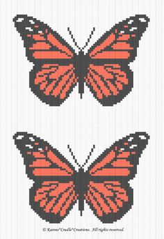 two cross stitch butterfly designs in red and black, each with an orange stripe on the wings