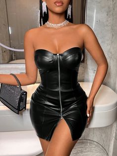 Black Sexy Collar Sleeveless Polyester Plain Bodycon Embellished Slight Stretch  Women Clothing Látex Dress, Black Latex Outfit, Sara Cate, Black Strapless Bodycon Dress, Latex Mini Skirt, Leather Dress Women, Black Leather Dress, Strapless Bodycon Dress, Choker Dress