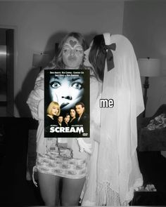 a woman kissing a man on the cheek in front of a movie poster that says scream