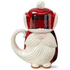 a red and white ceramic santa clause mug with a black stripe on the top,