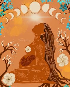 a pregnant woman sitting in the middle of a forest with flowers and trees around her