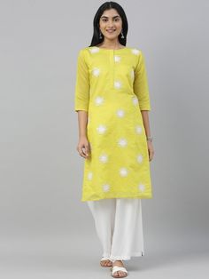 Women Yellow Embroidered Straight Kurta - Inddus.com Straight Kurta, Mauritius, Straight Cut, Elegant Style, Kenya, Cold Shoulder Dress, High Neck Dress, Festival, Yellow