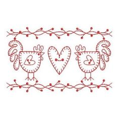 two chickens with hearts on their heads and vines in the shape of a heart, one is