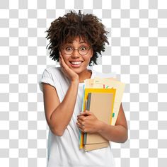 a woman with glasses holding files and folders in front of her face png