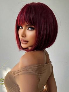 Hairstyles For Short Hair With Bangs, Red Short Wig, Bob Natural Hair, Pelo Color Vino, Red Hair With Bangs, Cute Bob Haircuts, Trendy We Fryzurach, Natural Hair Woman, Wig Bob