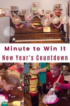 a collage of photos showing children playing with balloons and cake at a new year's party