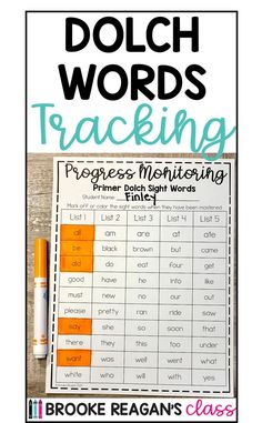 an orange and white poster with the words dolch words tracking on it, next to a