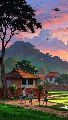 three children are flying kites in the sky over a rice field with houses and trees