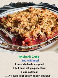 a recipe for rhubarb crisp on a plate