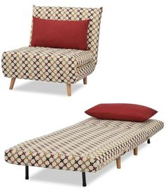 two pieces of furniture with red pillows on them and one piece in the shape of a chaise lounge