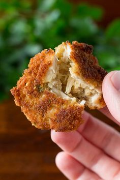 a person holding up a half eaten fried food item in their left hand, with parsley on the side