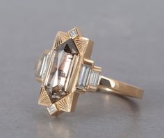 14k Yellow Gold Hilma Ring – Precious Ghost Art Deco Antique Ring, Art Deco Baguette Ring, Art Deco Rings 1920s, Elongated Hexagon Ring, 1920s Rings, Ring Stacking Ideas, Baguette Jewelry, Art Deco Engagement Rings, Art Deco Rings