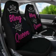 two black car seats with pink lettering that say bling queen and the word bling queen