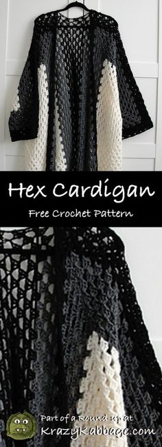 a black and white crochet shawl hanging from a hook with text overlay that says hex cardigan free crochet pattern