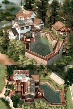 an aerial view of a large house in the middle of two different pictures, one with a pool