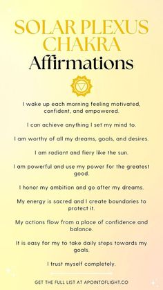 💛☀️ Want to fire up your self confidence and motivation? These solar plexus chakra affirmations will do the trick! Get energized to take action and reach your goals.(CLICK ON THE PIN TO MANIFEST WEALTH) Solar Plexus Quotes, Chakra Quotes Spirituality Affirmations, Solar Chakra Affirmations, Taking Action Affirmations, Yoga For Solar Plexus Chakra, Reaching Your Goals Affirmations, Solar Chakra Healing, Affirmations For Chakras, Solar Plexus Affirmations