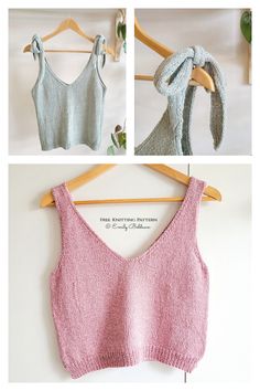 three pictures of different types of sweaters hanging on clothes pins and wooden hangers