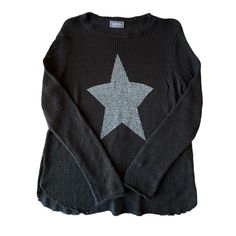 The Lucky Star Sweater By Wooden Ships Black With Silver Star Rounded Wide Crew Neckline Raglan Long Sleeves Lightweight Open Knit Very Soft Cotton Blend Relaxed Fit Throw Over A Swimsuit Or Pair With Jeans For Boho Preppy Americana Measurements For S/M: Chest Width 26" Length 24.5" Approximate **Last Stock Photo To Show Fit Only. Star Is Silver. Nwot Knit Sweater With Star Print Long Sleeve, Trendy Black Sweater With Star Print, Black Star Print Top For Winter, Black Casual Sweater With Star Print, Casual Black Sweater With Star Print, Casual Black Star Print Sweater, Gray Fits, Wooden Ship, Star Sweater