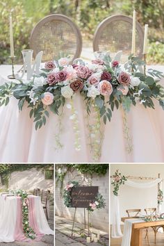 the wedding table is decorated with flowers and greenery